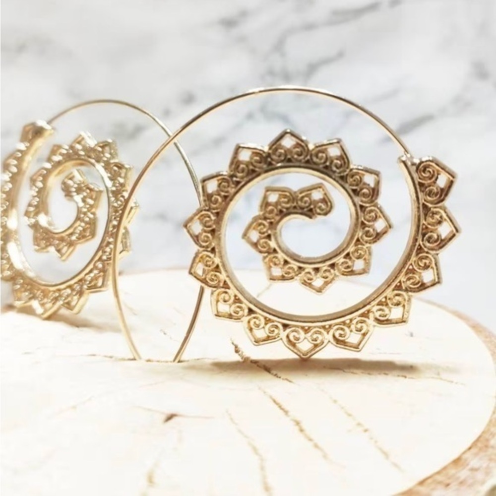 Bohemian Hippie Swirl Hoop Festival Gold Unique Earrings